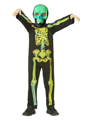 Produktbild von Im Dunkeln leuchtendes Neonskelett-Kostüm, Einteiler & Maske