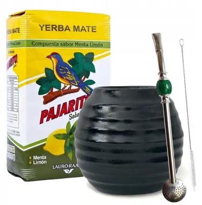 Imagen del producto de Kit de inicio de yerba mate con sabor a limón Pajarito: incluye yerba mate con sabor a limón, un mate (recipiente para la yerba) y una bombilla (popote)