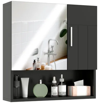 Produktbild von Badezimmerschrank mit Spiegel aus Holz, verstellbaren Einlegeb?den und offenem Fach, 54 x 15,2 x 55,3 cm, Schwarz