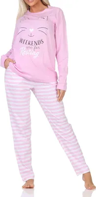 Produktbild von Normann Damen langarm Schlafanzug Pyjama in Katzen Optik – auch in Übergröße ; rosa , 52