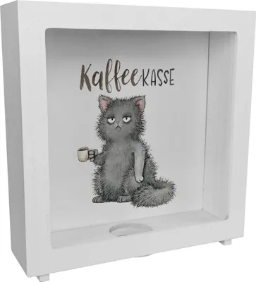 Produktbild von Katze mit Tasse Rahmen Spardose aus Holz mit Spruch Kaffeekasse