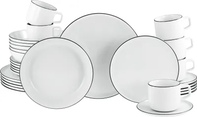 A collection of white ceramic plates and cups with black trim, arranged on a white background.