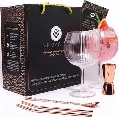Produktbild von Gin Gläser Set 2tlg mit Roségold Löffel und Metallstrohhalmen