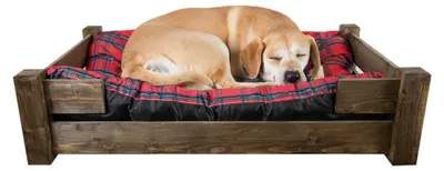 Produktbild von Hundebett Winston XXL Palisander mit Füßen mit rotem Kissen 100x60x25cm