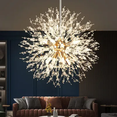 Produktbild von Goldene Kristall Pendelleuchte, Feuerwerk Löwenzahn Pendelleuchte, geeignet für Esszimmer, Schlafzimmer, Küchen und Wohnzimmer (9-Leuchten, Gold)