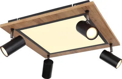 A modern ceiling light fixture with a wood-look frame and black spotlights.