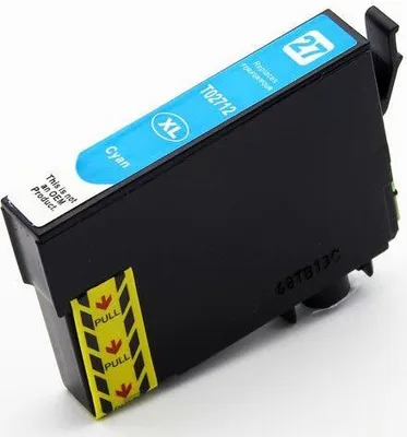 A single cyan ink cartridge for a printer is shown from a diagonal angle against a white background.