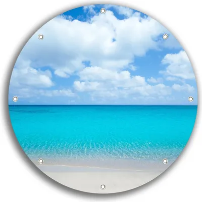 Produktbild von Wallario rundes Outdoor-Poster für Garten oder Balkon, Motiv Sandstrand und blaues Meer, 30 cm Durchmesser