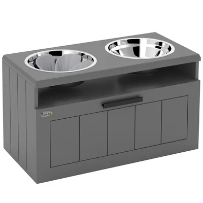 Produktbild von Futterstation für große Hunde, mit 2 Edelstahlnäpfen, Schublade, Futterspender für Haustiere, MDF, Stahl, Grau