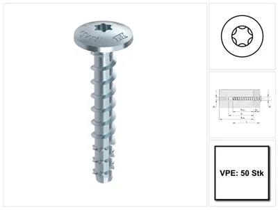 Productafbeelding van HECO MULTI MONTI plus MS schroefanker 7,5 x 60 mm, 50 stuks (52374). Betonschroef met platte, ronde kop, T-drive, verzinkt, blauw, A2K