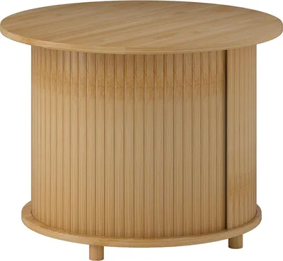 Produktbild von Couchtisch Wohnzimmertisch aus Bambus mit verstecktem Stauraum und Schiebetür, runder Beistelltisch im Modern-Stil, für Wohnzimmer, Natur, Ø60 x 45 cm