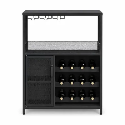 Zdjęcie produktu dla Wolnostojąca szafka na wino w stylu industrialnym (z drzwiczkami z siatki) – zawiera wyjmowane półki na wino i uchwyty na kieliszki – kolor czarny