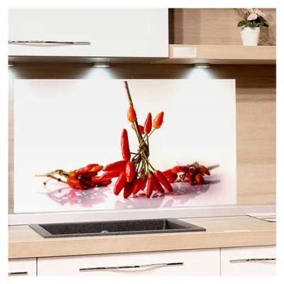 Produktbild von Küchenrückwand aus Glas mit Chili-Motiv | Druck hinter Glas | Gewürze Rückwand Küche, Glasplatte 100x50cm