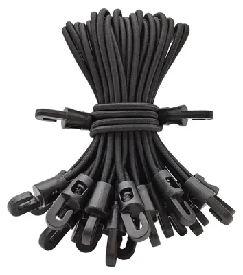 Immagine prodotto di Elastici con gancio, 15 cm, neri, confezione da 25. Fissaggi elastici per teloni, campeggio