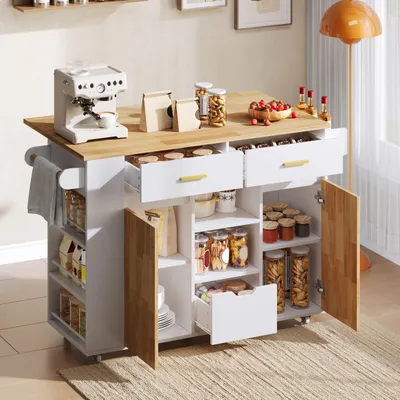 Produktbild von Merax Kücheninsel Küchenwagen mit klappbarer Arbeitsplatte, Küchenschrank mit 3 Schubladen, Servierwagen mit Gewürzregal und Rollen, MDF, Weiß