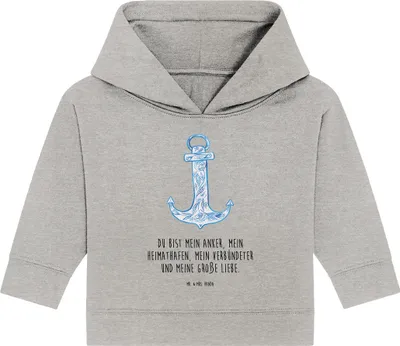 Produktbild von Mr. & Mrs. Panda Organic Baby Hoodie Anker Blau 12. - 18. Monat - Heather Grey - Geschenk, Kapuzensweatshirt, Kapuzenshirt, Lustige Sprüche