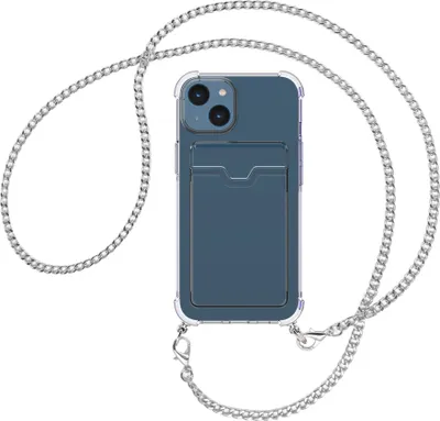 Produktbild von Handykette Backcover-Schutzhülle mit Band (Metall silberfarben) für Apple iPhone 15 - silberfarbene Kette