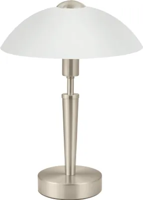 Produktbild von EGLO Tischleuchte Solo 1, 1 flammige Tischlampe, Nachttischlampe aus Metall in Silber und Glas in weiß satiniert, E14 Fassung, inkl. Touchdimmer