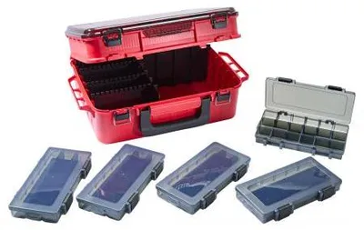 Produktbild von Angelgerätebox Giant mit 5 Einzelboxen, Köderhaltern und 2 Hauptfächern, 48x19x34 cm