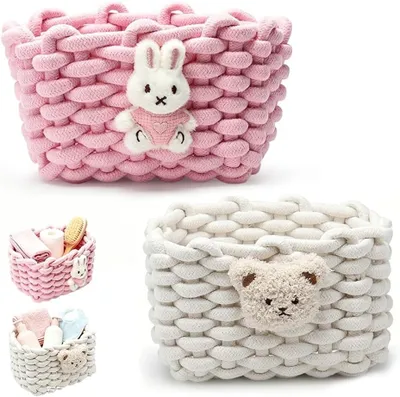 Imagen del producto de Cesta de almacenamiento de cuerda de algodón, trenzada, de 19x15x13 cm, con estampado de osos, ideal para habitaciones infantiles