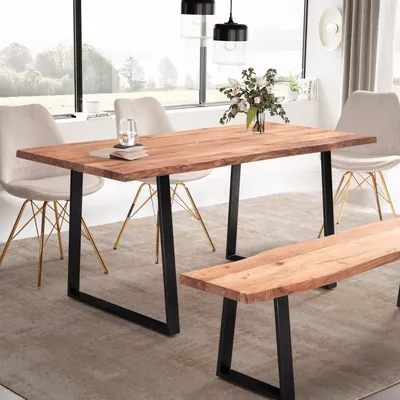 Produktbild von FineBuy Esszimmertisch 120 cm rechteckig Massivholz Akazie Baumkante - Industrial Esstisch Baumstamm Massiv Echtholz - Küchentisch - Baumkantentisch