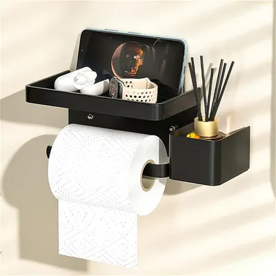 Image de Porte-papier hygiénique, porte-papier hygiénique avec tablette, porte-papier hygiénique, sans perçage, porte-papier hygiénique mural pour les toilettes et la salle de bains