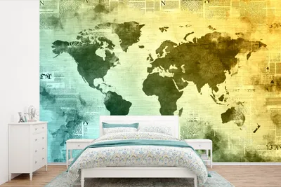 Produktbild von MuchoWow® Fototapete für Wohnzimmer oder Schlafzimmer Wandtapete Vinyl Motivtapete Weltkarte - Blau - Gelb - 360x240 cm - Vinyl-Tapete