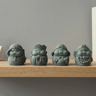 Produktbild von Set mit 4 Mini-Buddha-Figuren, kleinen dekorativen Buddha-Statuen, kleinen Buddha-Skulpturen aus Sandstein - Dekorationsartikel für den Innen- und Außenbereich, Blumentöpfe, Gärten und Aquarien.