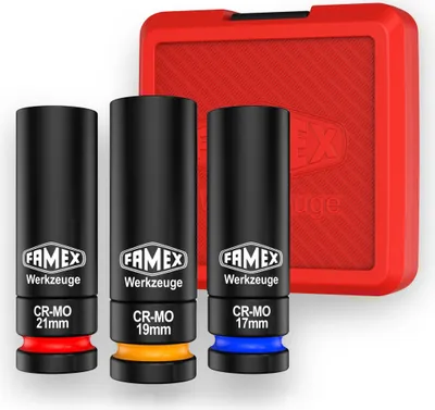 Produktbild von FAMEX 10807 Profi Schoneinsätze, Radmutteinsätze aus Chrom-Molybdän Stahl 17 / 19 / 21 mm, äußerst robust