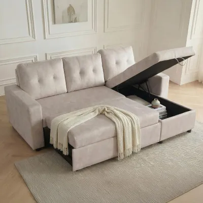 Produktbild von riess-ambiente Ecksofa APARTMENT 205cm champagner beige Samt 3-Sitzer Schlafsofa mit Bettfunktion Stauraum