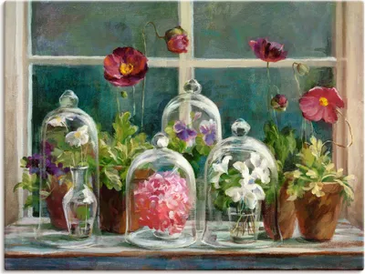 Produktbild von ARTland Leinwandbild Lila Mohnsammlung am Fenster Größe: 120x90 cm