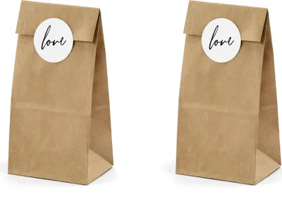 Immagine prodotto di Sacchetti di carta con adesivi "Love", 8x6x18 cm, set da 6, marrone naturale
