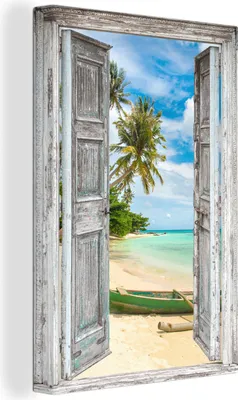 Produktbild von OneMillionCanvasses® - Leinwandbilder - 90x140 cm, Kanu - Strand - Palme - Aussicht, - Geöffnetes Fenster - Fensterblick Schlafzimmer Kunstdruck Wanddekoration - Foto auf Leinwand - Gemälde auf Holzrahmen  - Wandschmucke - Schlafzimmer