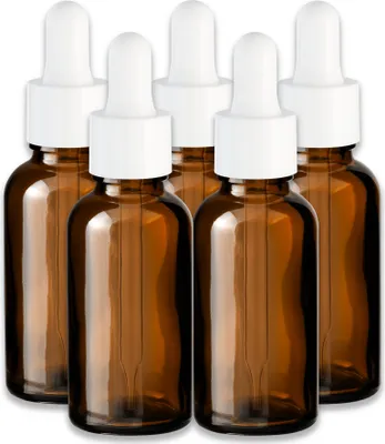 Produktbild von 5x Braune Glasflasche 30 ml mit weißer Pipette Tropfflasche für Öl Set