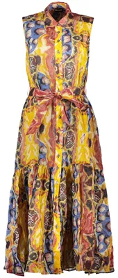 Produktbild von Stilvolles langes Damenkleid in Gelb mit Muster und Taillengürtel