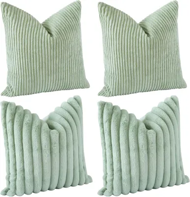 Productafbeelding van Set van 4 kussenslopen van corduroy, gestreept, imitatiebont, voor bank, bed, decoratie, vierkant, 45 x 45 cm, saliegroen