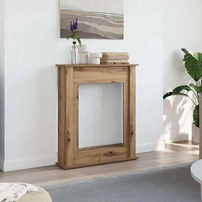 Image de Revêtement de cheminée en bois stratifié imitation chêne artisanal, dimensions 75 x 20 x 87,5 cm, console pour cheminées électriques avec effet flamme LED, étagère décorative pour salon et espace de vie