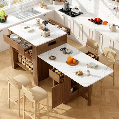 Produktbild von Bartisch 110-124x78x97.5cm Braun Ausziehbarer 2 Schubladen 2 Seitlichen Tischplatte MDF Ausziehbare Kuecheninsel Esstisch Kochtisch Lagerschrank