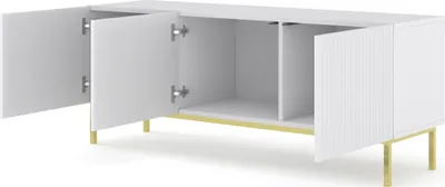 Produktbild von TV-Schrank RAVENNA B 150 cm 3D rahmen WEIß MATT / WEIß MATT Lowboard mit Metallfüße Stehen Unterschrank Fernsehschrank Modern Loft TV Board Sideboard HiFi-Tisch Golden oder Schwarz Metallrahmen Beine