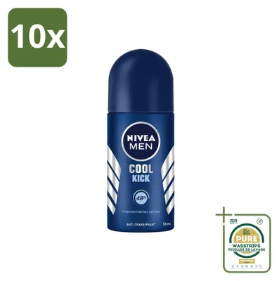 Imagen del producto de 10 unidades de desodorante roll-on NIVEA MEN Cool Kick, 50 ml cada uno, pack ahorro