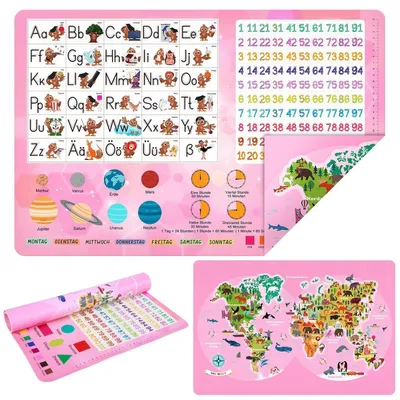 Image de Sous-main pour enfant, double face, rose, lavable, avec carte du monde et lettres