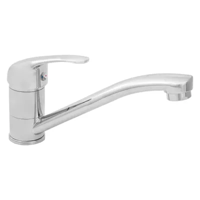 A chrome-finished kitchen faucet is shown against a white background.