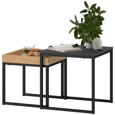 Productafbeelding van HOMCOM 2-delige set bijzettafels, vierkante vorm, salontafel met stalen frame