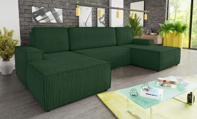Produktbild von Wohnlandschaft mit Schlaffunktion Totti - U-Form Couch, Schlafsofa mit Bettkasten, Couchgranitur mit Bettfunktion, Big Sofa, Cord Stoff, Wohnzimmer (Grün (Poso 014))