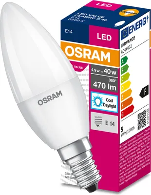 Zdjęcie produktu dla Żarówka LED E14 B37 4,9W = 40W 470lm 6500K Zimna 200° OSRAM Value