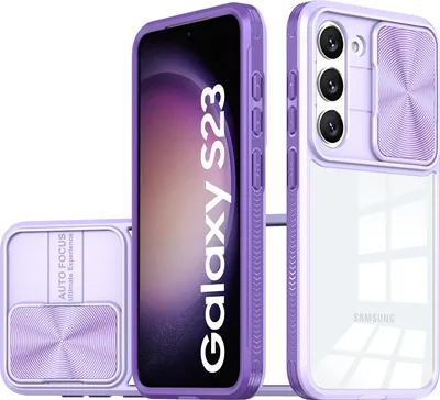 Immagine prodotto di Custodia Galaxy S23, Custodia ibrida in TPU trasparente con copertura scorrevole per fotocamera Samsung Galaxy S23 Viola