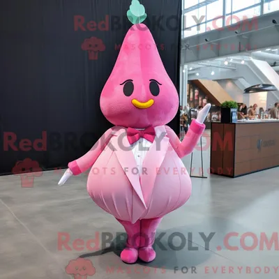 Productafbeelding van Mascot REDBROKOLY karakter van een roze peer gekleed met een cocktailjurk en strikjes