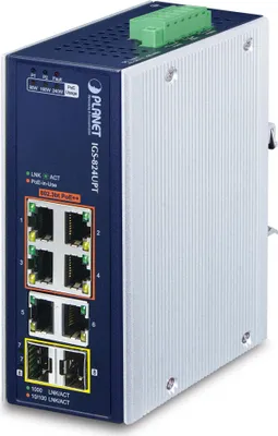 Produktbild von PLANET Industrial 4-Port GE 802.3at + 2 GE + 2 100/1000X SFP