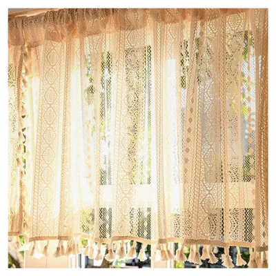 Produktbild von Halbtransparente Scheibengardine Bistrogardine mit Spitze für Küchengardinen im Landhausstil, Kurzvorhänge für kleine Fenster in Küche und Wohnzimmer (74x61cm, 2er Pack)