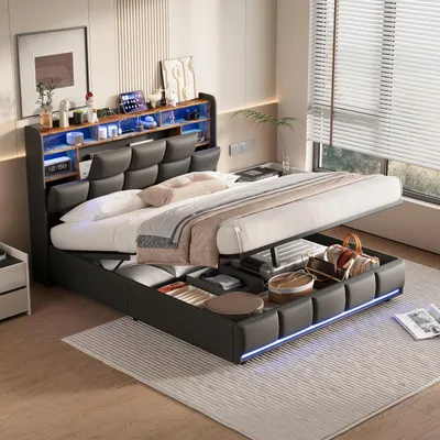 Obrázek produktu pro Fortuna Lai hydraulická čalouněná postel 140x190 cm s USB, postel pro mládež, manželská postel s led, úložný prostor, dětská postel s roštem, Imitace kůže, černá barva